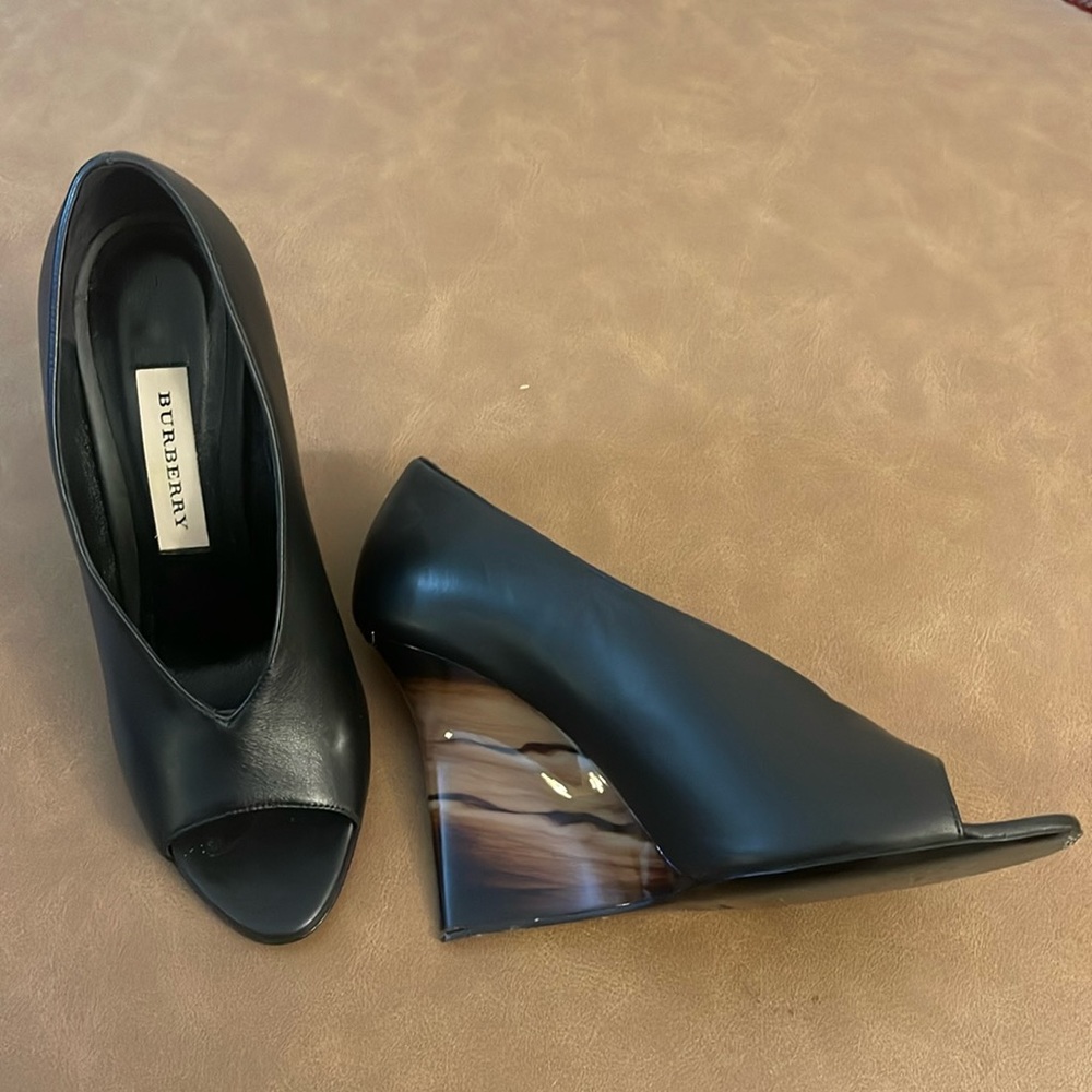 Burberry black women’s wedge style heels size 38.5 US 8 or 8.5. Comes with box.